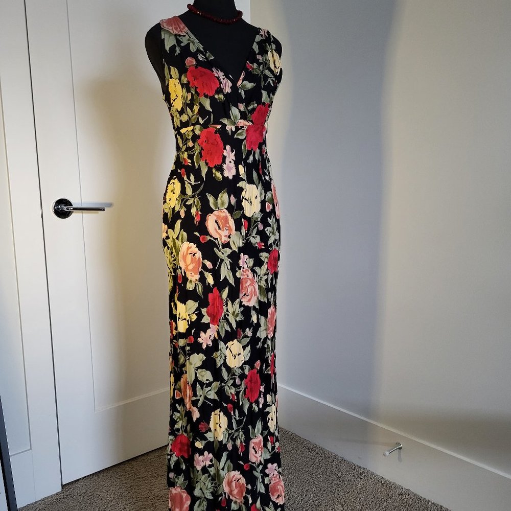 Vintage 90s black and red floral bias cut dress